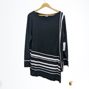 Chicos Assymetrical Black White Stripes Scoop Neck Sweater Size 3 XL NWT New